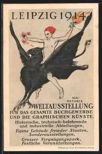 AK Leipzig, Weltausstellung für Buchgewerbe und Graphik 1914, nackter Mann fliegt auf einem Vogel davon