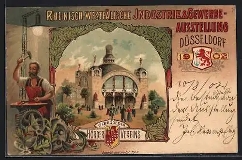 Lithographie Düsseldorf, Rheinisch-Westfälische Industrie-Gewerbe-Ausstellung 1902, Gebäude des Hörder Vereins
