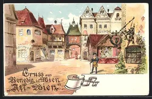 Lithographie Wien, Grusskarte aus dem Etablissement Venedig