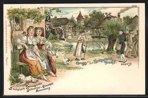 Lithographie Leipzig, Sächs.-Thür. Industrie- u. Gewerbe-Ausstellung 1897, Alltagsbild im Thüringer Dorf