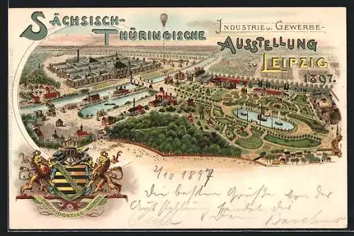 Lithographie Leipzig, Sächsisch-Thüringische Industrie & Gewerbe-Ausstellung 1897, Ausstellungsgelände mit Wappen