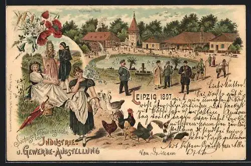 Lithographie Leipzig, Sächsisch-Thüringische Industrie und Gewerbe-Ausstellung 1897, Thüringer Dorf