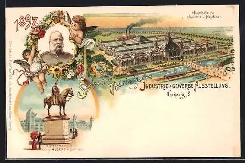 Lithographie Leipzig, Industrie - und Gewerbe-Ausstellung 1897, Haupthalle Industrie, Portrait König Albert von Sachsen