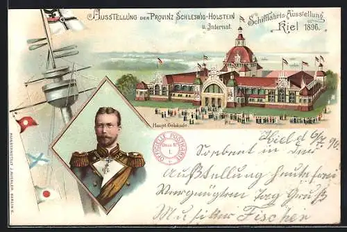 Lithographie Kiel, Ausstellung der Provinz Schleswig-Holstein u. Internat. Schifffahrts-Ausstellung 1896, Hauptgebäude