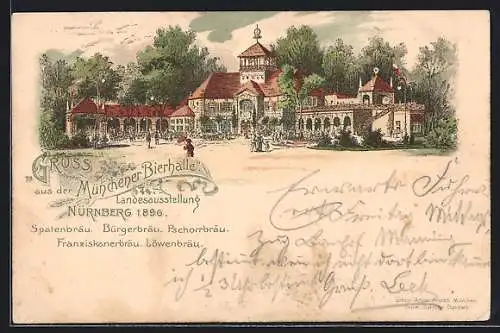 Lithographie Nürnberg, Landesausstellung 1896, Münchener Bierhalle
