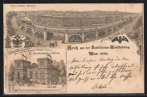 Lithographie Wien, Jubiläums-Ausstellung 1898, Wiener Stadtbahn, Pavillon C. Schember & Söhne