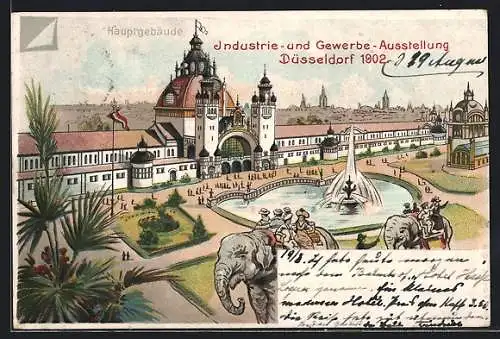 Lithographie Düsseldorf, Industrie und Gewerbe-Ausstellung 1902, Hauptgebäude und berittene Elefanten