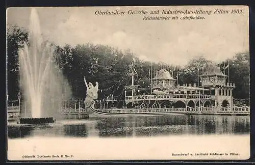 AK Zittau, Oberlausitzer Gewerbe- und Industrie-Ausstellung 1902, Reichsdampfer mit Lichtfontäne
