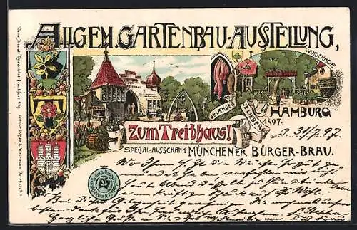 Lithographie Hamburg, Allgem. Gartenbau-Ausstellung 1897, Gasthäuser Zum Treibhausl & Windenhof