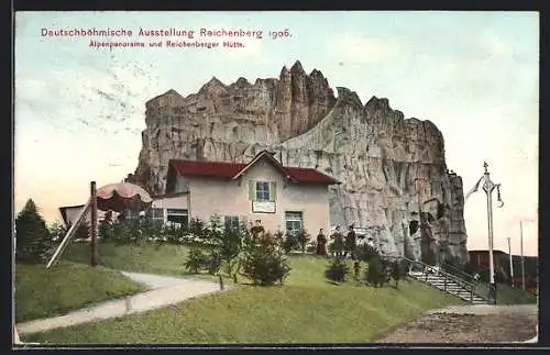 AK Reichenberg, Deutschböhmische Ausstellung 1906, Alpenpanorama & Reichenberger Hütte