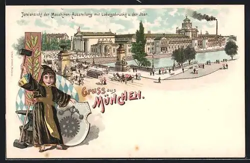 Lithographie München, Totalansicht der Maschinen-Ausstellung mit Ludwigsbrücke u. der Isar