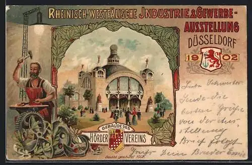 Lithographie Düsseldorf, Rheinisch-Westfälische Industrie-Gewerbe-Ausstellung 1902, Gebäude des Hörder Vereins