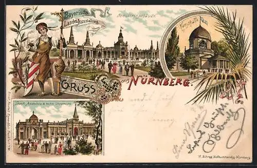 Lithographie Nürnberg, Bayr.-Landes-Ausstellung 1896, Industriegebäude, Kunstahlle, Staatl. Anstalten