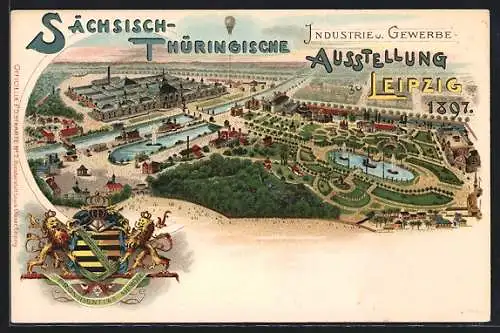 Lithographie Leipzig, Sächsisch-Thüringische Industrie & Gewerbe-Ausstellung 1897, Ausstellungsgelände mit Wappen