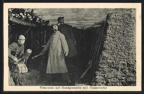 AK Metz, Deutsche Kriegsausstellung 1917, Franzosen mit Handgranaten und Minenwerfer