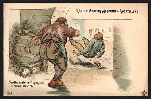 Lithographie Kraft u. Arbeits-Maschinen-Ausstellung, Kraftmaschine Flugapparat im vollen Betrieb