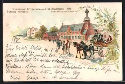 Lithographie Bruxelles, Exposition Internationale 1897, Kermesse, Quartier du Vieux Bruxelles