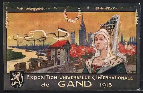 Künstler-AK Gent, Weltausstellung 1913, Mittelalterliche Stadtdarstellung mit Edelfrau