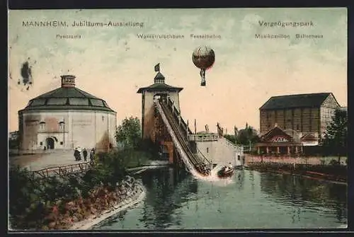 AK Mannheim, Jubiläums-Ausstellung 1907, Vergnügungspark mit Panorama, Wasserrutschbahn, Fesselballon, Musikpavillon