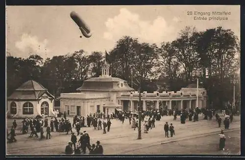 AK Bern, Landes-Ausstellung 1914, Eingang Mittelfeld und Fesselballon
