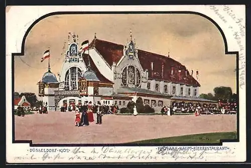 AK Ausstellung Düsseldorf 1902, Festhalle, Haupt - Bierrestaurant, Leute