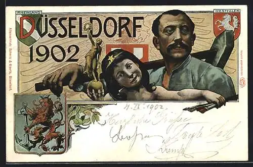 AK Düsseldorf, Gewerbe-, Industrie- und Kunstausstellung 1902, Arbeiten mit Hammer, Mädchen mit Pinsel, Wappen