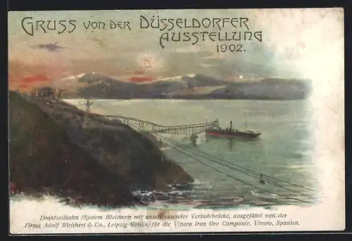 Künstler-AK Düsseldorf, Ausstellung 1902, Drahtseilbahn mit Verladebrücke der Fa. Adolf Bleichert & Co. Leipzig-Gohlis