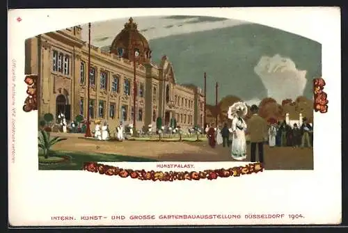 Lithographie Düsseldorf, Kunst- und Grosse Gartenbauausstellung 1904, Besucher am Kunstpalast