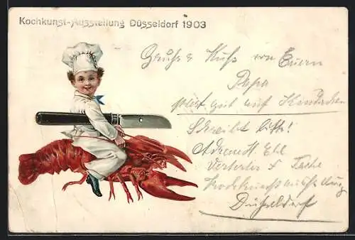 Lithographie Düsseldorf, Kochkunst-Ausstellung 1903, ein kleiner Koch auf einem Hummer