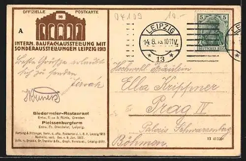 AK Leipzig, Internationale Baufachausstellung mit Sonderausstellungen 1913, Biedermeier-Restaurant & Pleissenburgturm