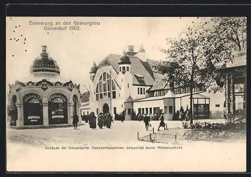 AK Düsseldorf, Der Gaskongress 1902, Gebäude der Düsseldorfer Handwerkskammer, beleuchtet durch Milleniumlicht