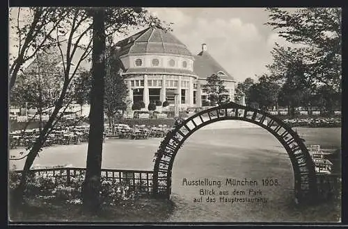 AK München, Bayrische Gewerbeschau 1912, Blick aus dem Park auf das Hauptrestaurant