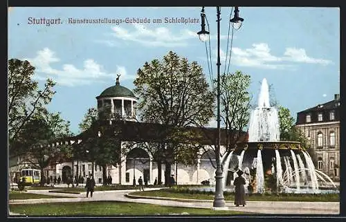 AK Stuttgart, Kunstausstellungs-Gebäude am Schlossplatz, Brunnen, Strassenbahn