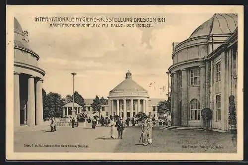 AK Dresden, Internationale Hygiene-Ausstellung 1911, Hauptpromenadeplatz mit Halle Der Mensch