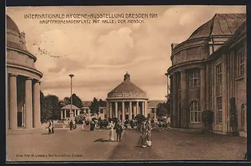 AK Dresden, Intern. Hygiene-Ausstellung 1911, Hauptpromenadenplatz mit Halle: Der Mensch