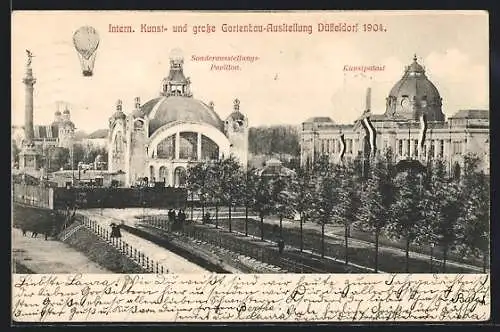AK Düsseldorf, Internationale Kunst- u. Gartenbau-Ausstellung 1904, Sonderausstellungs-Pavillon, Kunstpalast, Ballon