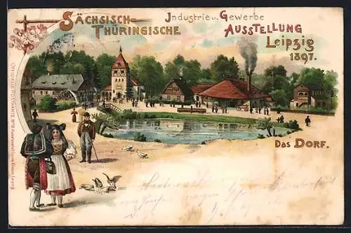 Lithographie Leipzig, Sächsisch-Thüringische Industrie- und Gewerbe-Ausstellung, das Dorf