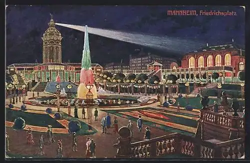 AK Mannheim, Jubiläumskarte 1907, Beleuchteter Friedrichsplatz mit Ausstellungshalle