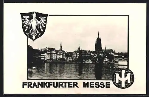 AK Frankfurt, Frankfurter Herbstmesse 1949, Stadtansicht, Wappen, Messesymbol