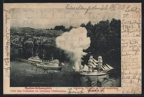 AK Düsseldorf, Industrie-Ausstellung 1902, Marine-Schauspiele, Kriegsschiffe im Gefecht, Segelschiff