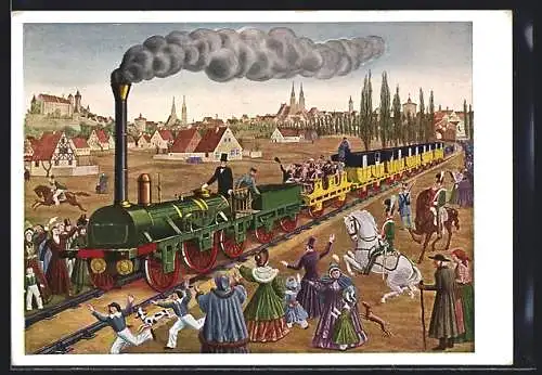 Künstler-AK Nürnberg, Reichsbahn-Ausstellung 1935 100 Jahre Deutsche Eisenbahn, 1. deutsche Eisenbahn Nürnberg-Fürth