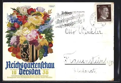 Künstler-AK Dresden, Reichsgartenschau 1936, Blumenstrauss mit Wappen