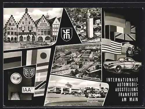 AK Frankfurt a. M., IAA Internationale Automobil Ausstellung, Römer, Messegelände, Henninger Turm, Wappen