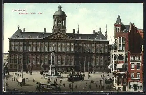AK Amsterdam, Koninklijk Paleis, Dam, Strassenbahn