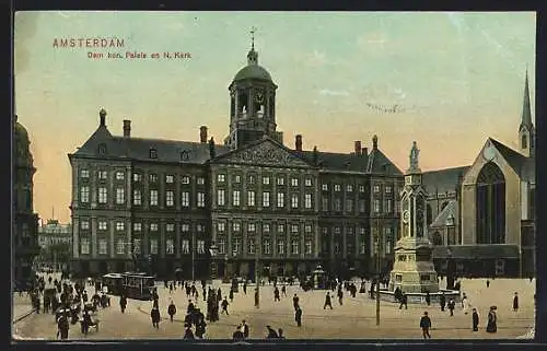 AK Amsterdam, Dam kon. Paleis en N. Kerk, Strassenbahn