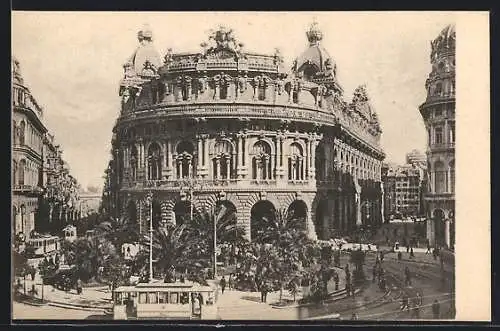 AK Genova, piazza de Ferrari, palazzo della Borsa, Strassenbahn