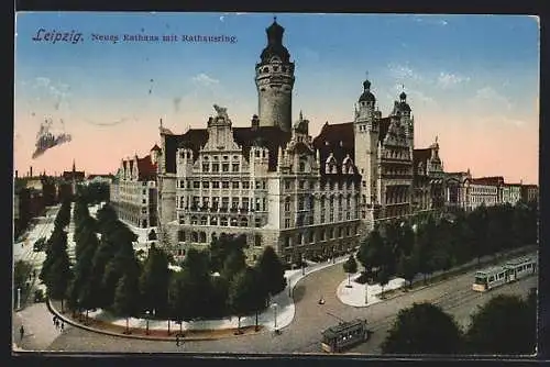 AK Leipzig, Neues Rathaus mit Rathausring, Strassenbahn