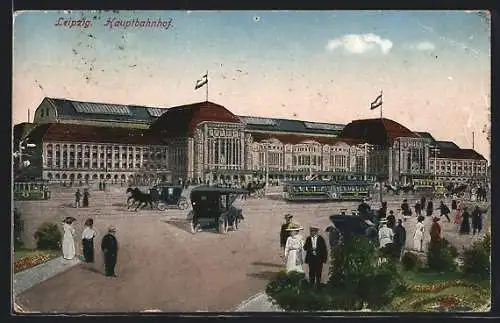 AK Leipzig, Hauptbahnhof und Pferdekutschen