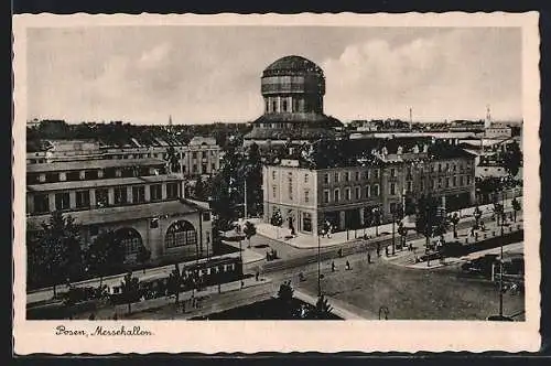 AK Posen / Poznan, Messehallen mit Strassenbahn