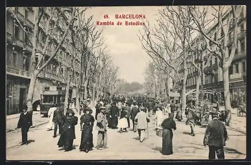 AK Barcelona, Rambla de Estudios, Strassenbahn